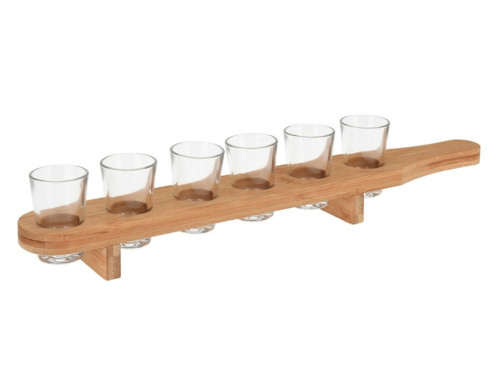Εικόνα Σετ 6 γυάλινα Ποτήρια για σφηνάκι με ξύλινη βάση (CD1002810) 45 x 6 x 6cm