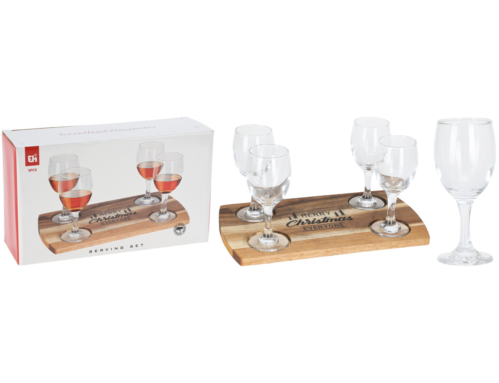 Εικόνα Σετ ποτήρια κρασιού με ξύλινο δίσκο Excellent Houseware (170485510) - 5 τεμάχια