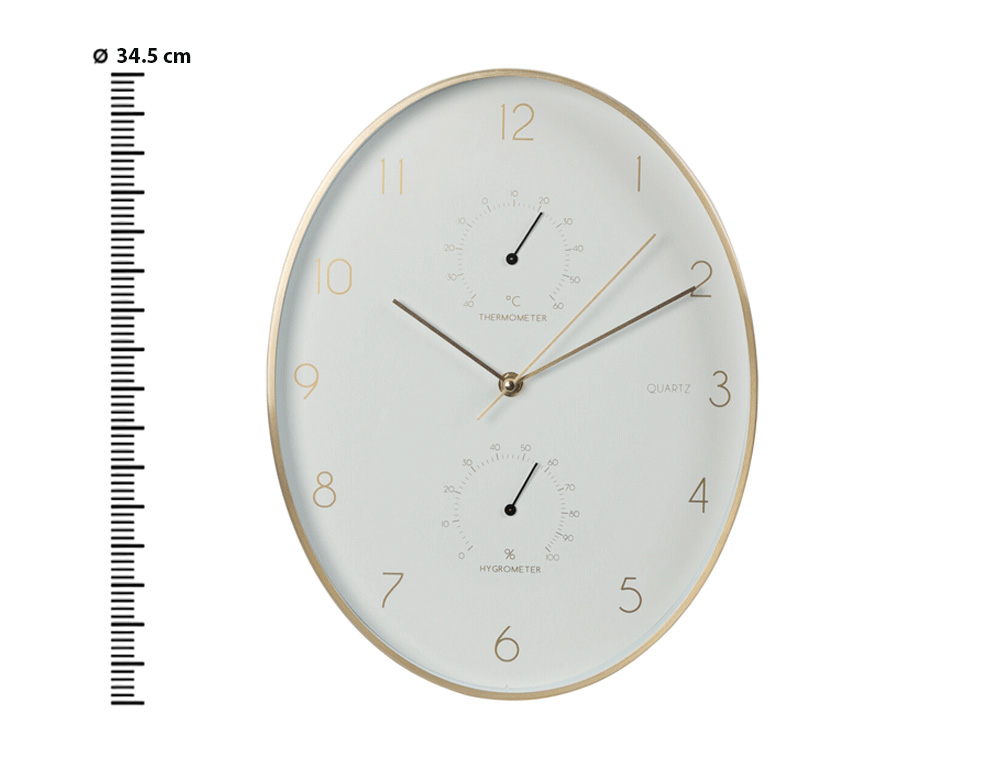 Εικόνα Ρολόι τοίχου 837362270 Kράμα αλουμινίου, με θερμόμετρο και υγρόμετρο, διαστάσεων 34.5x27.1x4.2cm χρυσή στεφάνη, δείκτες και αριθμοί με λευκό καντράν