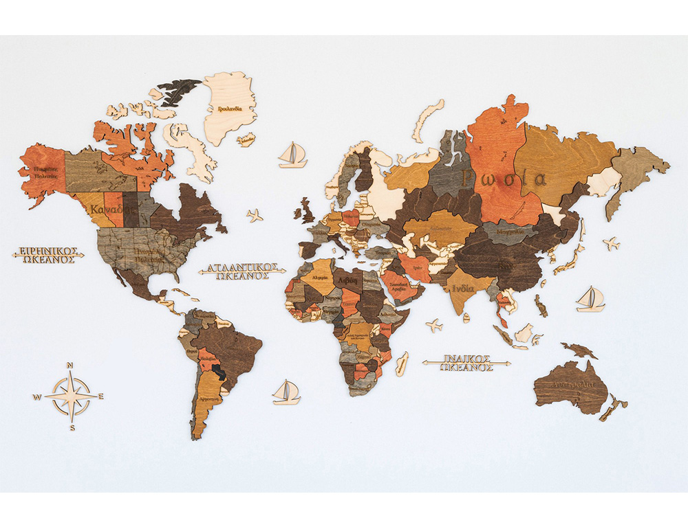 Εικόνα 3D Ξύλινος παγκόσμιος χάρτης τοίχου WoodMyMap - 115 x 65 - Με ονόματα - Πολύχρωμος
