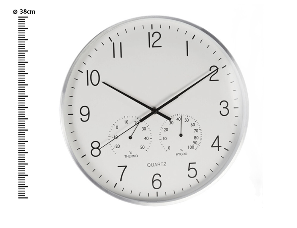 Εικόνα Ρολόι τοίχου 837362290 Από κράμα αλουμινίου, διαμέτρου 38 cm x 38 x4 cm, Με θερμόμετρο και υγρόμετρο.
