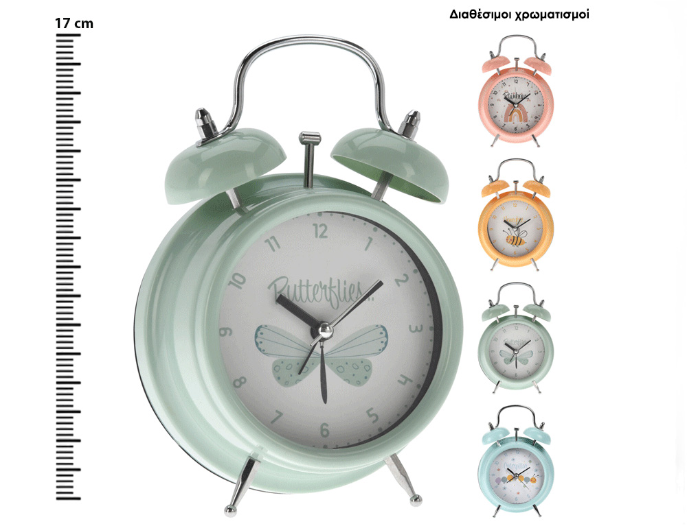 Εικόνα Επιτραπέζιο ρολόι Alarm Kids deco HZ1992050 Γυαλιστερό φινίρισμα, 11.8x5.7x17cm,  σε 4 επιλογές σχεδίου - χρώματος, pink-rainbow/gree-butterfly/blue-caterpilla/yellow-bee.