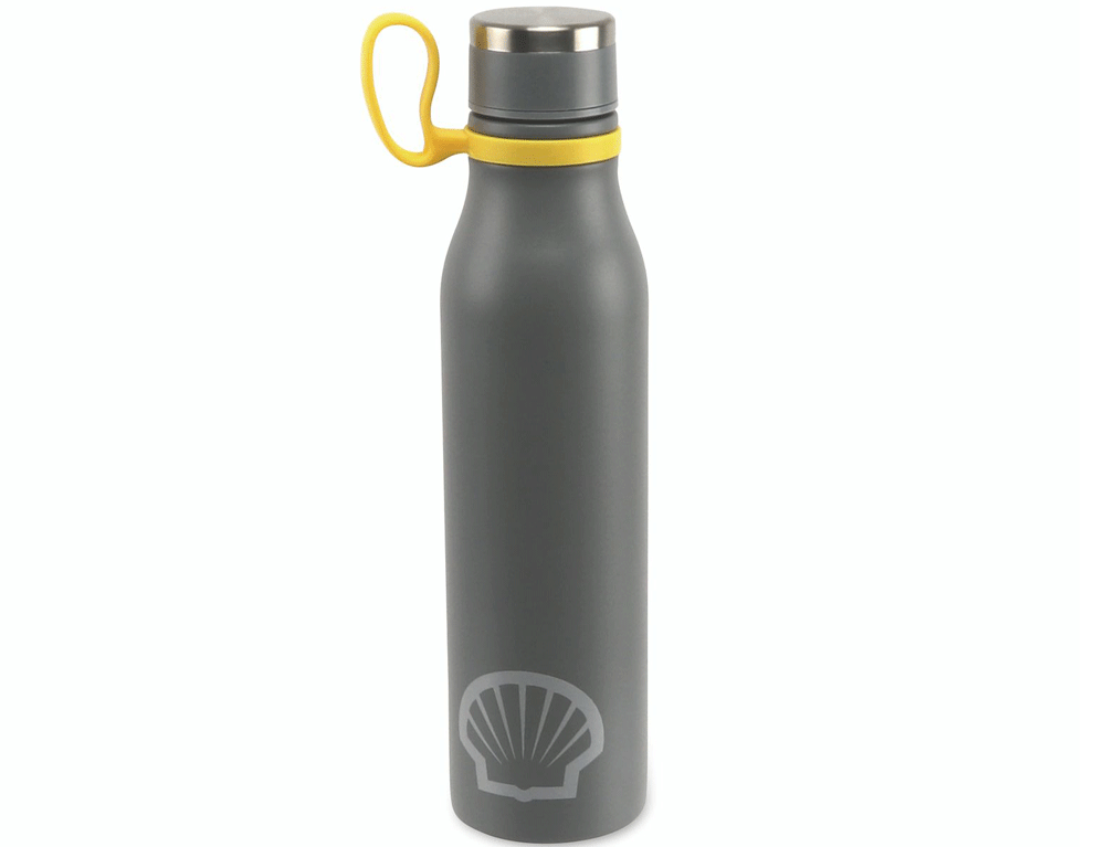 Εικόνα Iσοθερμικό μπουκάλι SHELL 170710760 500 ml, από ανοξείδωτο ατσάλι, με δαχτυλίδι μεταφοράς, σε χρώμα γκρι (pantone 425c) λογότυπο ψυχρό γκρι (pantone 10c) και κίτρινο δαχτυλίδι (pantone 116c)