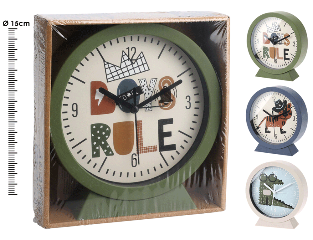 Εικόνα Ρολόι επιτραπέζιο Alarm με βαση Kids Deco 837165350  Διάμετρος 15cm, σε 3 επιλογές χρώματος green-boys rule, blue- tiger, white - croco.