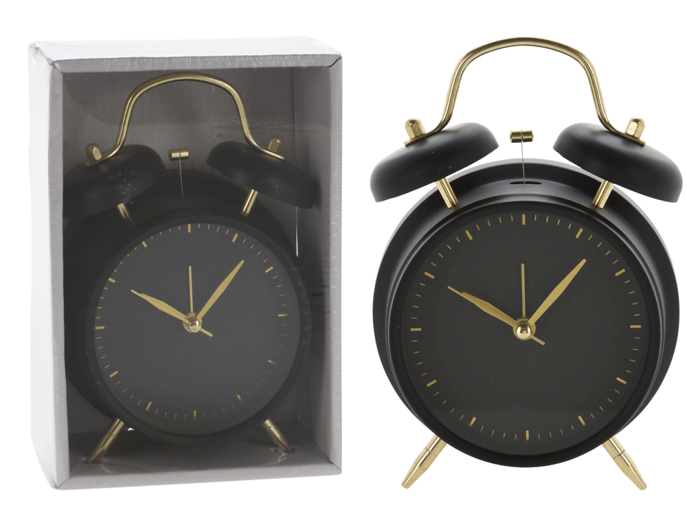 Εικόνα Ρολόι Alarm C37568630 Μεταλλικό, στρογγυλό, 11.7x5.6x16cm, με μαύρο καντράν, χρυσούς δείκτες. 