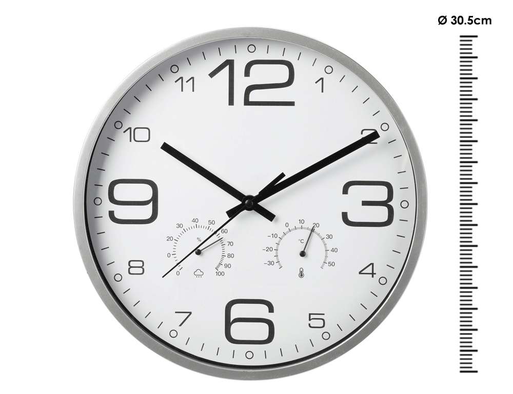 Εικόνα Ρολόι τοίχου 837362220 με θερμόμετρο και υγρόμετρο, διάμετρος 30.5cm, λευκό καντράν, ασημί στεφάνη και μαύρους δείκτες