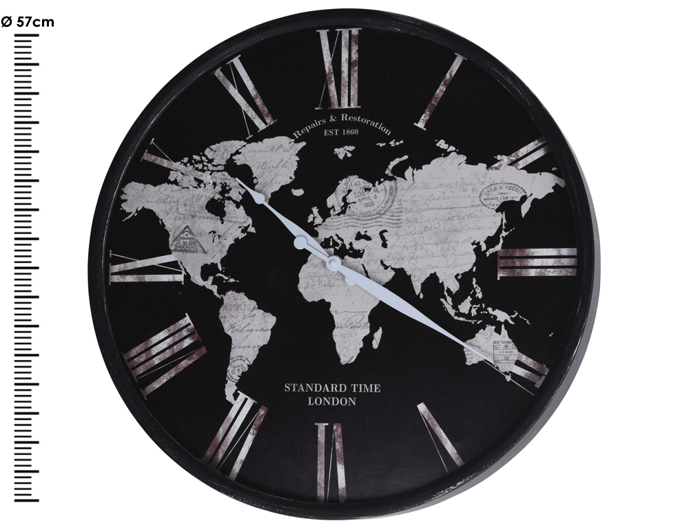 Εικόνα Ρολόι τοίχου με σχέδιο παγκόσμιος χάρτης HZ1300640 Μέταλλο και γυαλί, διάσταση 57x5x57cm, χρώμα μαύρο