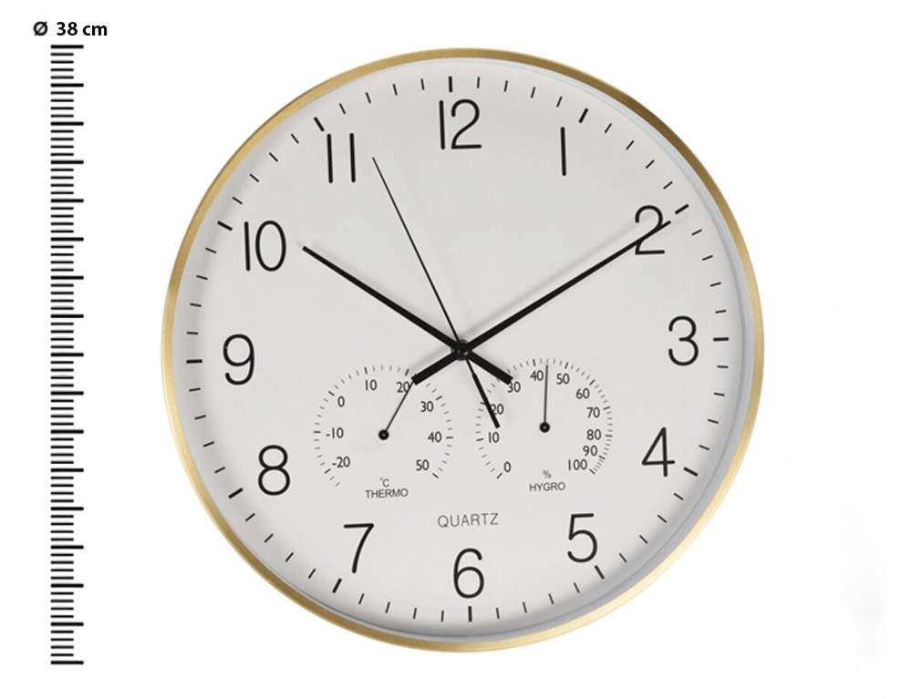Εικόνα Ρολόι τοίχου 837362280 Από κράμα αλουμινίου, διάμετρος 38 cm, Με θερμόμετρο και υγρόμετρο.