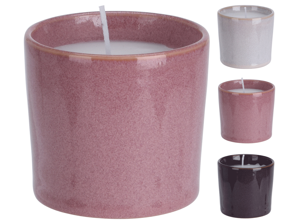 Εικόνα Κερί Q76900220 Σε πήλινο δοχείο με reactive φινίρισμα γλάσου, 6.7 x 6.2 cm, σε 3 επιλογές χρώματος pink, white, purple.