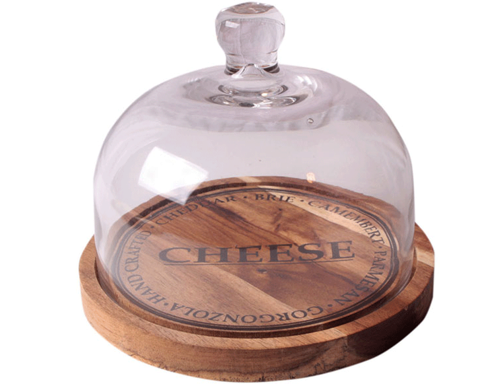 Εικόνα Ξύλινος δίσκος σερβιρίσματος τυριού με γυάλινο καπάκι 24500748 19 x 19 x 16 cm