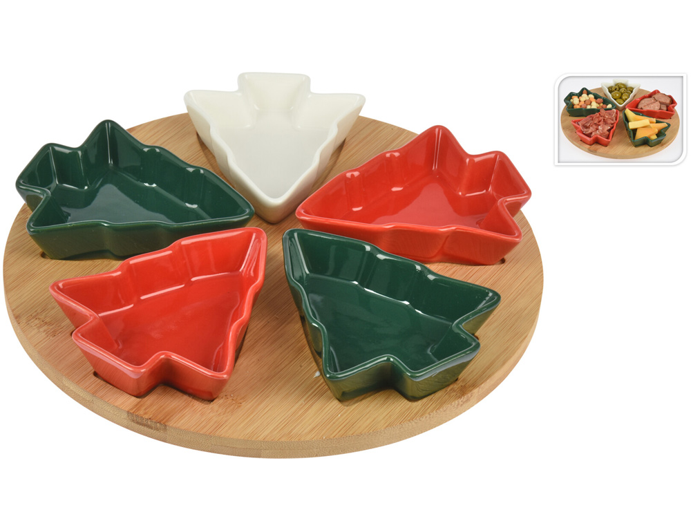 Εικόνα Σετ σερβιρίσματος Excellent Houseware (278000980) με 5 μπολ και δίσκο - Φυσικό χρώμα ξύλου, πρασινο, κόκκινο